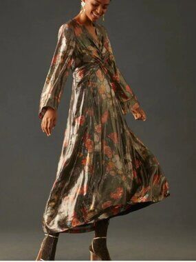 ANTHROPOLOGIE Caballero Floral Foiled Maxi Dress Wrap Knot Lined Size M